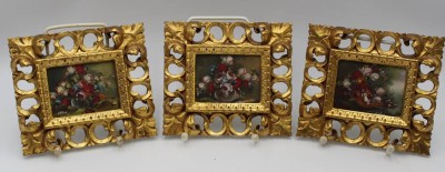 Auktion <br>3x kl. Blumenstilleben auf Kupfer, Italien, je signiert Melise ?, schön gerahmt, je RG 13,8 x 16cm. [1]