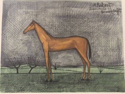 Auktion <br>Bernard BUFFET (1928-1999), A Robert bonne Annee 51, wohl Litho, Nurglasrahmen, BG 56 x 69cm. [1]