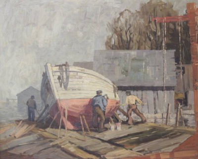 Auktion <br>Fr. Friederich, Bootswerft, Öl/Hartfaser, gerahmt, RG 72,5 x 84cm. [1]