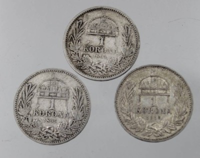 Auktion <br>3x Münzen, K. u. K.,  je 1 Korona, 1883-1912 [1]