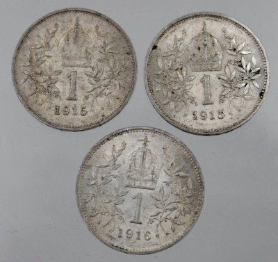 Auktion <br>3x Münzen, Österreich, Kaiser Franz Josef, je 1 Krone, 1915/16, D-2,3cm [1]