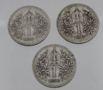 Auktion <br>3x Münzen, Österreich, Kaiser Franz Josef, je 1 Krone, 1894/96 [1]