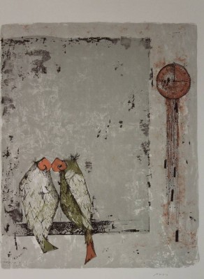 Auktion <br>Ossi CZINNER (1925-2014),Vogelpaar, Farblithographie, ungerahmt, BG 44 x 55,5cm, Für Frau Zürcher [1]