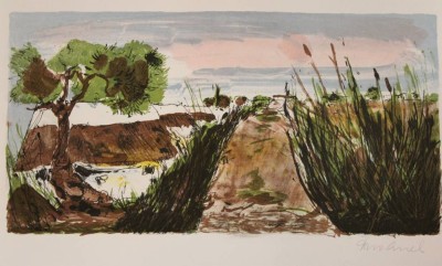 Auktion <br>unleserl. signiert, Landschaft, Farblithographie, ungerahmt, BG 44,5 x 55,5cm. [1]