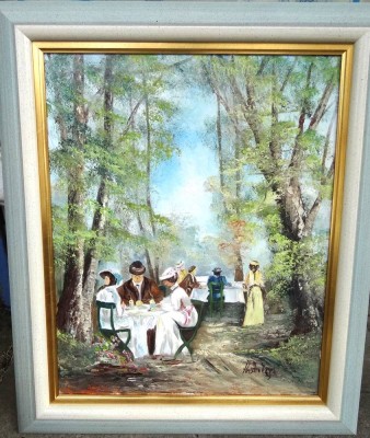 Auktion <br>unleserl. signierte Gasthaus-Gartenszene, öLLeinen, gerahmt, RG 61x51 cm [1]