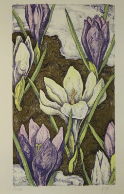 Auktion <br>unleserl.signierte Farblithographie, Blumen, Probedruck, ungerahmt, BG 44,8 x 27,5cm. [1]