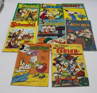 Auktion <br>9x div. Comics, u.a. Fix & Foxi, Silberpfeil, Goofy und  Mickey Mouse 1955, 56, 2x 58, 77, Alters-u. Gebrauchsspuren [1]