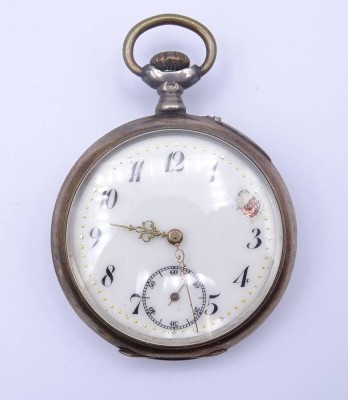 Auktion <br>Herren Taschenuhr , Rückendeckel fehlt, mechanisch, Werk läuft, Zifferblatt defekt, D. 46,5mm [1]