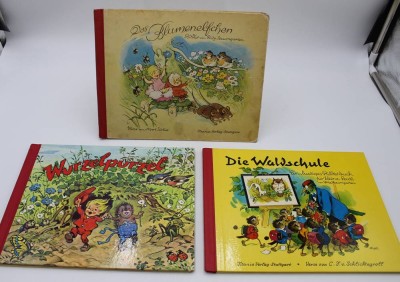 Auktion <br>3x Kinderbücher, Titania-Verlag, Fritz Baumgarten, Das Blumenelfchen, Die Waldschule und Wurzelpurzel, teilw. Gebrauchsspuren [1]