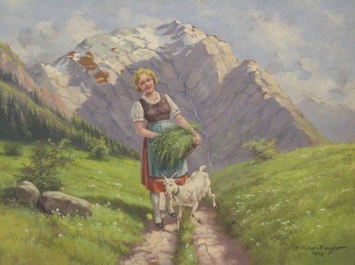 Auktion <br>G. MULLER-FRAUSTATT (XX), Mädchen vor Gebirge, Öl/Hartfaser, gerahmt, RG 70,5 x 90,5cm. [1]