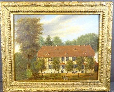 Auktion <br>unleserl. unter Rahmen signiert um 1880, Herrenrunde vor Gutshof, Öl/Leinen, craquelliert, gerahmt, RG38x47 cm [1]