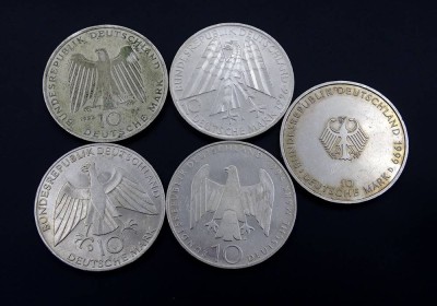 Auktion <br>5x 10 DM Münzen = 50 Deutsche Mark, 77,3g. [1]