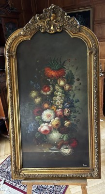 Auktion 345<br>unleserl. signiertes grosses Blumenstilleben auf Staffelei, Öl/Leinen, aufwendig gerahmt, [1]