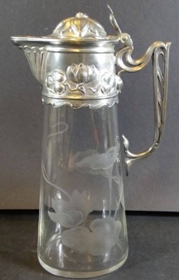 Auktion 344<br>ovoider Jugendstil-Wein-Krug, Kristall mit Schliff, Silberzinnmontur [1]