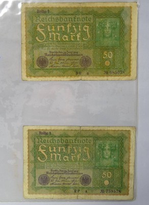 Auktion 344<br>2x Fünfzig Mark 1919, Reichsbanknoten, Reihe 1 [1]