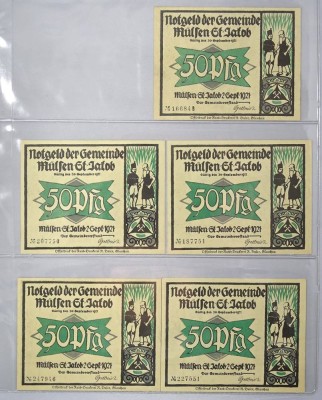 Auktion 344<br>5x 50 Pfennig 1921 ,Notgelscheine , Mülsen-St. Jakob [1]