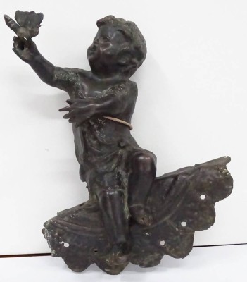 Auktion 345<br>Bronze-Putto mit Schmetterling, Altersspuren, 1  Flügel fehlt, wohl irgendwo montiert?,18/19 Jhd. H-30 cm, B-22 cm [1]