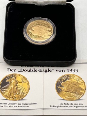 Auktion 345<br>Goldmünze 20 Dollar 1933-Neuprägung, Gold-585-,9,76 gr.,  mit Zertifikat, D-29 mm [1]
