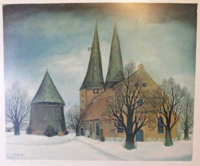 Auktion 351<br>Ria Eiing, Altenbrucher Bauerndom, Litho, gut ger./Glas, RG 68,5 x 78,5cm, Sperrgut! [1]