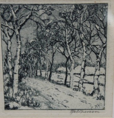 Auktion 346<br>Anna FELDHUSEN (1867-1951), Birkenallee, Radierung, ger./Glas, RG 20 x 20cm. [1]
