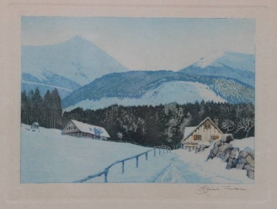 Auktion 346<br>Friedrich IWAN (1889-1967), Winterlandschaft, Aquatinta-Radierung, ger. /Glas, RG 25 x 31cm. [1]