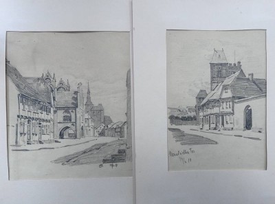 Auktion 346<br>ER, 1914, 2x Stiftzeichnungen, wohl beide Gießen, 1x Neustädter Tor in PP., BG je. 30x23 cm [1]