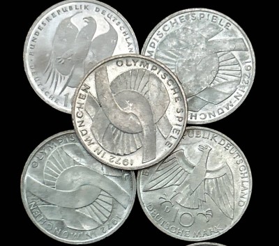 Auktion 351<br>12x 10 DM Sondermünzen, Olympia 1972 in München, Silber, ca. 185 gr. gr, Nennwert 60 Euro, 2 verschiedene [1]