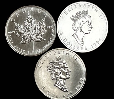 Auktion 351<br>3x 5 Dollar, Cananda , 1992/1993/1994, stempelglanz, Silber-999, 94,3 gr. [1]