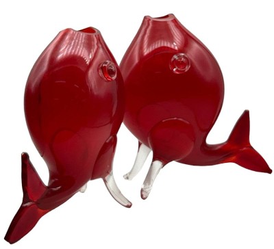 Auktion 347<br>2x grosse, rote Fisch-Vasen, Murano, mit klaren Beinen, 1x Schwanzllosse etwas beschliffen, H-24 cm, T-22 cm [1]