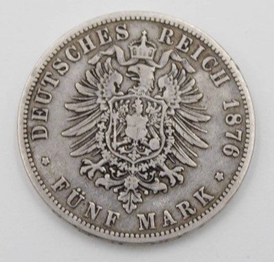 Auktion 347<br>Fünf Mark 1876, Wilhelm Deutscher Kaiser König von Preussen, B, 27,3gr., D-3,8cm [1]