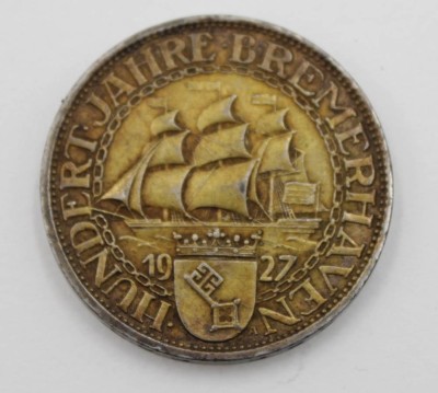 Auktion 347<br>Drei Reichsmark, Deutsches Reich, 1927 A, Hundert Jahre Bremerhaven, 14,9gr., D-3cm, Altersspuren [1]