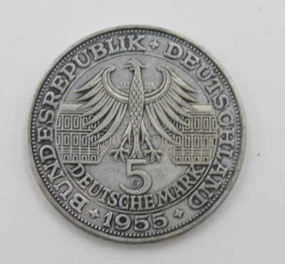 Auktion 347<br>5 Mark, Deutschland, 1955, Ludwig Wilhelm Markgraf von Baden, Prägemarke G , 11gr., D-2,9cm. [1]