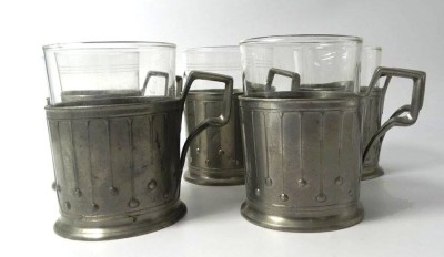 Auktion 347<br>5x Jugendstil Zinn-Teeglashalter mit 