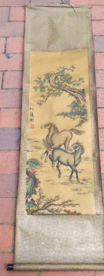 Auktion 347<br>chines. Rollbild, Wildpferde, leichte Altersspuren, 130x37 cm [1]