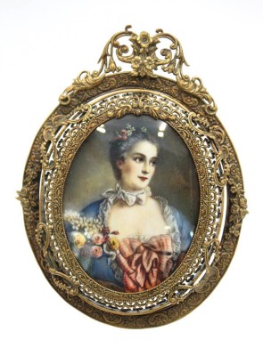 Auktion 347<br>Miniatur-Portrait, 19. Jhd., Messingrahmen, wohl auf Bein, RG 14 x 11cm. [1]