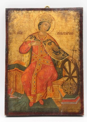 Auktion 347<br>grich. Ikone, Heilige  Katharina von Alexandrien, 1. Hälfte 20. Jhd., verso Beschreinbung, 33,5 x 24,5cm. [1]