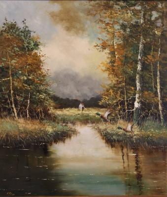 Auktion 348<br>H.Peters, Teichlandschaft mit aufsteigenden Enten, Öl/Leinwand, gerahmt, RG 92,5 x 82cm, Sperrgut! [1]