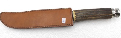 Auktion 348<br>Jagdmesser, ungemarkt, Geweihgriff, Lederscheide, L-34,5cm [1]