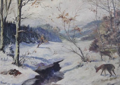 Auktion 348<br>Michaelis, Winterlandschaft mir Reh, Öl/Hartfaser, gerahmt, RG 70,5 x 90,5cm, Sperrgut! [1]