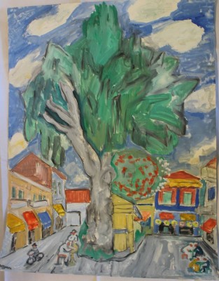 Auktion 348<br>Dellgruen, naive Strassenszene, Öl/Pappe, ungerahmt, BG 78 x 60cm [1]