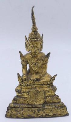 Auktion 348<br>kl. Bronze-Buddha, Bronze vergoldet, Altersspuren, Spitze verbogen, H-16 cm, B-9,5 cm [1]