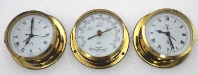 Auktion 348<br>Barometer und 2x kl, Wanduhren in maritimen Stil, Barigo, 1x Uhr defekt, ca. D-11cm T-4,2cm [1]