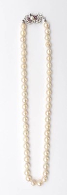 Auktion 348<br>schöne Perlenkette mit aufwendiger 585er WG-Schließe diese mit Rubinbesatz, ca. L-52cm Perlen D-ca 0,7cm [1]