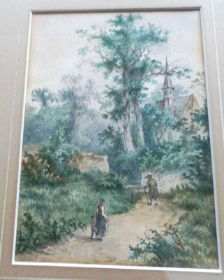 Auktion 348<br>Altmeister-Aquarell, um 1850,  Spaziergänger, auf Papier, ger/Glas, MG 18x25 cm,  37x42 cmRG [1]