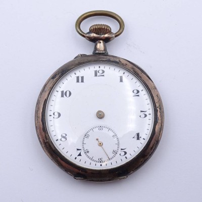 Auktion 349<br>Herren Taschenuhr, Silbergehäuse 0.800, mechanisch, Werk steht,Zeiger fehlen, D. 50mm [1]