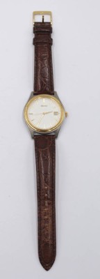 Auktion 349<br>Herren-Armbanduhr, Seiko, Quarz, Werk läuft, verso Gravur von 1998, D-3,7cm [1]