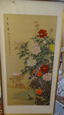 Auktion 349<br>grosses chinesisches/japanisches  Blumenbild, Aquarell, gerahmt, RG 150x77 cm [1]