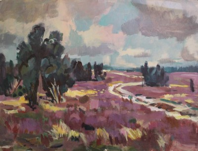 Auktion 349<br>Heide-Landschaft, Eugen SCHULZ (1915-1986), Öl/Papier, verso Nachlassstempel, ungerahmt, 50 x 65cm [1]
