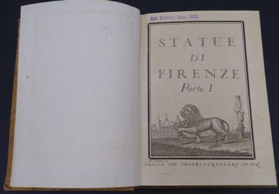Auktion 349<br>Buch über die Denkmäler von Firenze, um 1770 mit ca. 100 Seiten mit  Stichen, Bibliothekseinband mit Gebrauchsspuren, ansonsten gut, 19x14 cm 3 Teile in einem Band [1]
