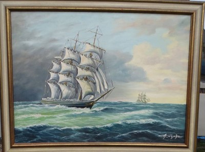Auktion 349<br>unleserl. signiertes gr. Gemälde, Segelschiffe, gerahmt, RG 70x90 cm (Sperrgut!) [1]